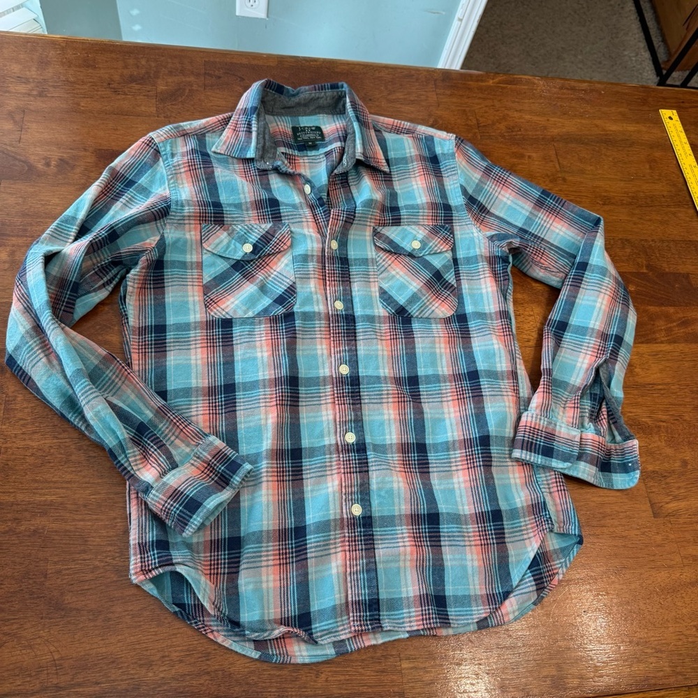 J. Crew heavyweight Flannel Shirt blue coral white navy size medium